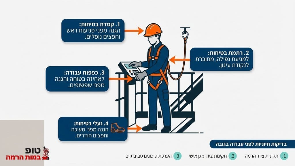 עובד עם ציוד מגן מפעיל במת הרמה בצורה בטיחותית